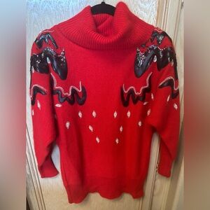 Vtg CEDARS Sweater Womens Sz M Silk Angora Lambswool Red‎ Beaded Sequin Patches